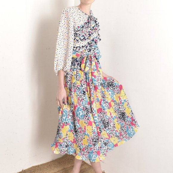 VINTAGE 1980S SUSAN FREIS MIXED PRINT DRESS-S/M - Picture 4 of 9